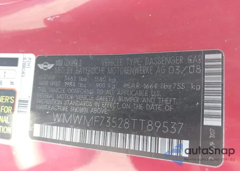 2008 Mini Cooper S z USA, uszkodzony, nr VIN WMWMF73528TT89537